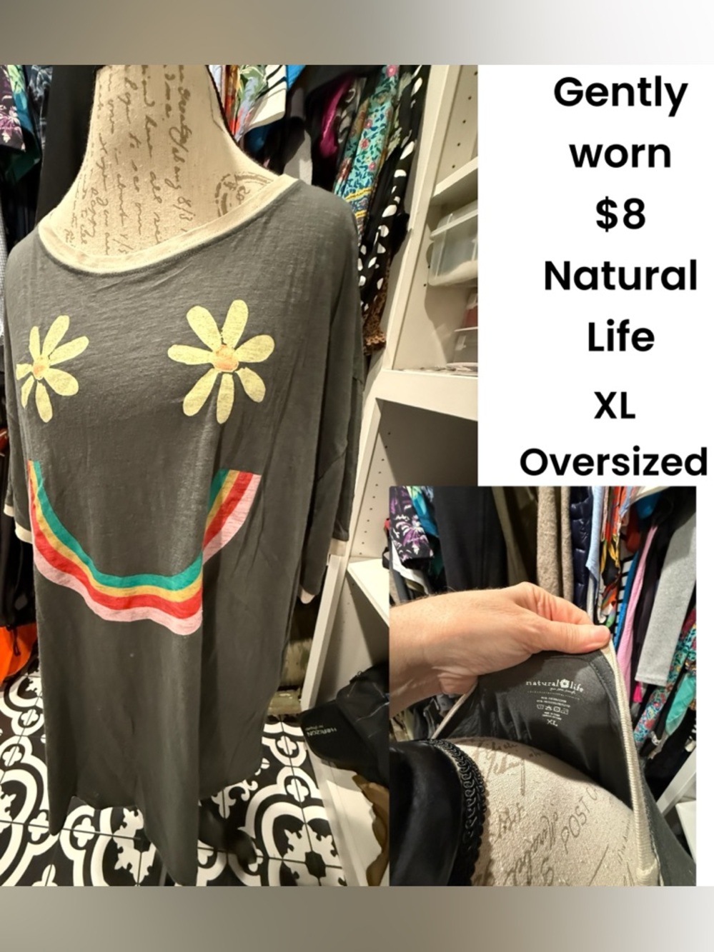 NATURAL LIFE Gray Tee with Rainbow Smile & Yellow Daisies